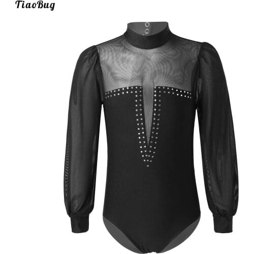 TiaoBug Kids Girls Mesh Long Sleeve Glittering Crystals Dance Ice Skating Jumpsuit Leotard Bodysuit Stage Performance Costume
