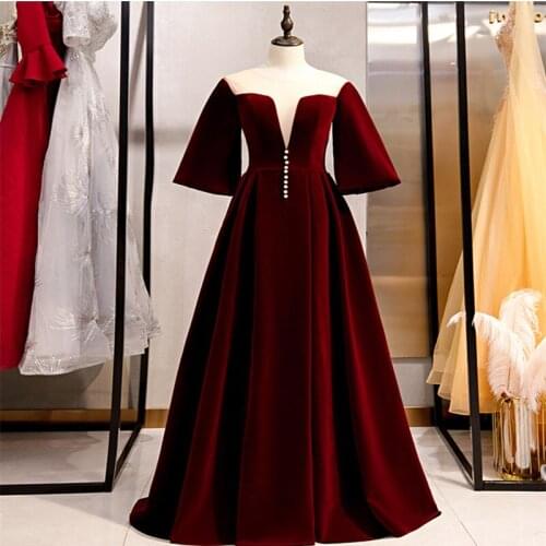Burgundy Velvet Evening Dress Abendkleider Scoop Neck A-line Formal Dress Half Sleeve Evening Dresses Long Dress Robe De Soiree