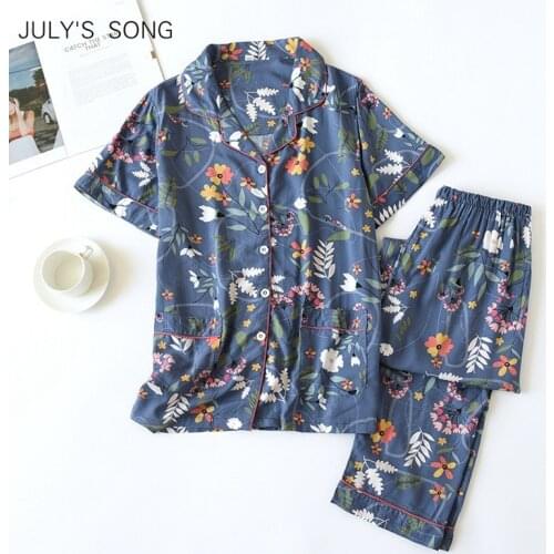 JULYS SONG 2pcs Womens Pajamas Sets Viscose Female Sleepwear Floral Printed Fashion Homewear Ladies Elegant Pyjama Nightwear