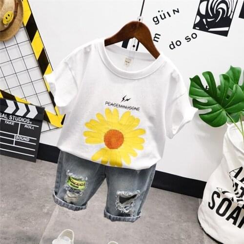 Summer Kids Clothing Set Fashion Flower Print Short Sleeve T-shirt Denim Shorts Toddler Boy 2pcs High Quality Boy Ripped Shorts