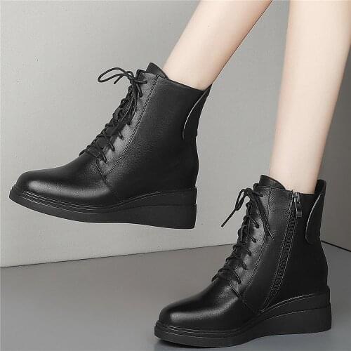 Winter Fashion Sneakers Women Lace Up Genuine Leather Wedges High Heel Ankle Boots Female Round Toe Platform Pumps Casual Shoes