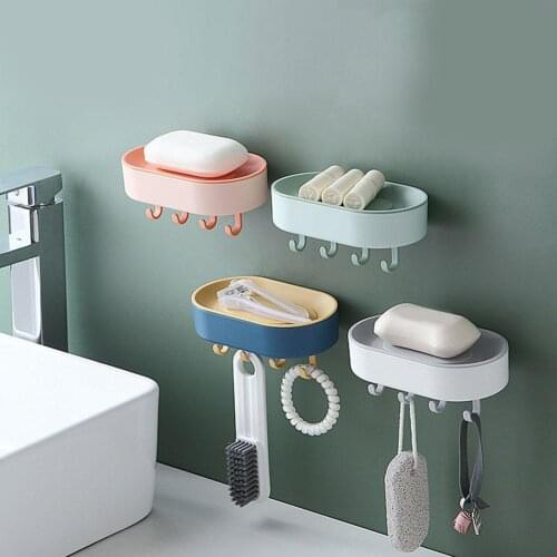 Wall Mounted Soap Holder Box Portable Bathroom Products Tray Drain Water Plates With Suction Cup Soaps Hooks Shelf Rack