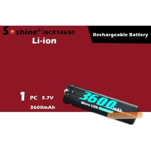 1 pcs original SOSHINE 18650 rechargeable battery 3.7V 3600mah with Built-In Micro USB directly charger port