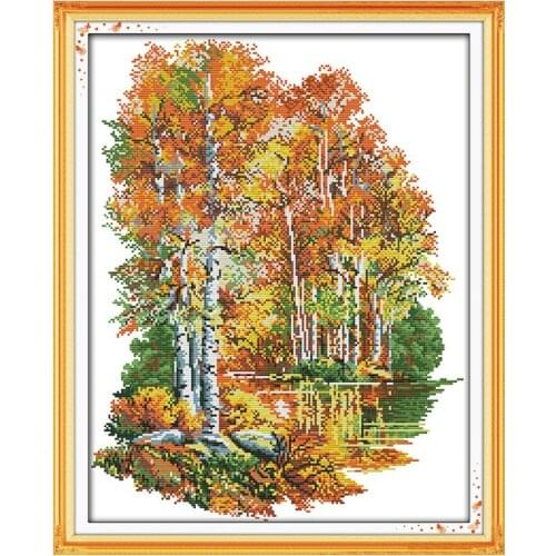 In The Autumn of Birches Cross Stitch Fabric Aida 14ct 11ct Counted Print on Canvas DMC DIY Handmade Needlework Embroidery Kits