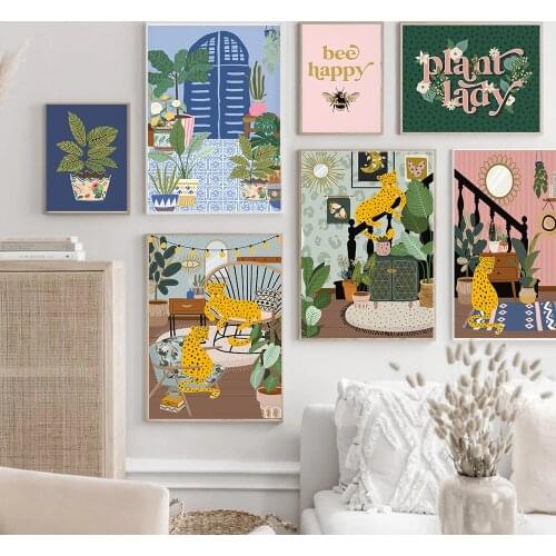 Boho Leopard Posters and Prints Canvas Painting Animal Wall Art House Plants Picture for Living Room Nordic Style Home Decor
