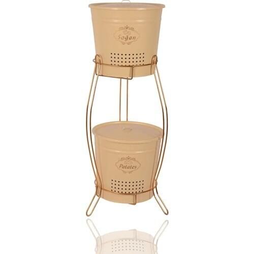 CANDLESTICK HOME Potato Onion Bucket Metal Gold Standing 2 Layer Beige