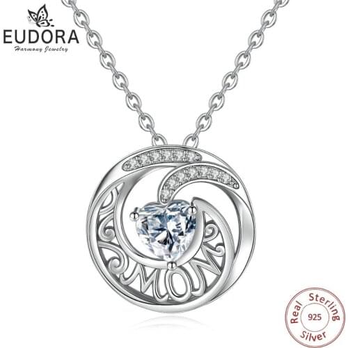 EUDORA 100% 925 Sterling Silver MoM Heart CZ Pendant round Necklace Lucky Charm Fine Jewelry women Birthday Surprise Gift D281