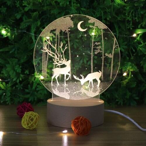 Christmas Gift Creative Wooden Base 3d Led Elk Moon Night Light Warm White Usb Table Lamp for Home Living Room Bedroom Decor