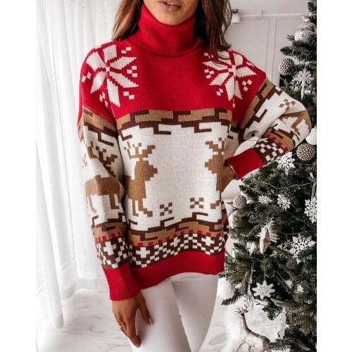 Christmas Sweater For Women Turtleneck Pullover Winter Warm Long Sleeve Ladies Xmas Outfits Snowflakes Deer New Year Clothing