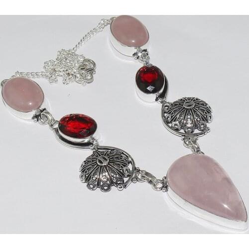 Rose Quarts & Garnets Necklace Silver Overlay over Copper , 49.2cm, N1062