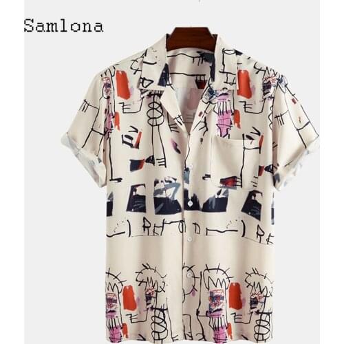 Samlona Long Sleeve Shirt 2021 Single Breasted Tops Mens Clothing Summer Casual Top Cartoon Print Men Blouse Plus size S-3XL