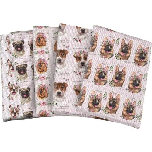 Dog Cartoon Printed Twill Polyester Cotton Fabric Animal for Hair Bow DIY Handmade Materials 50*145cm