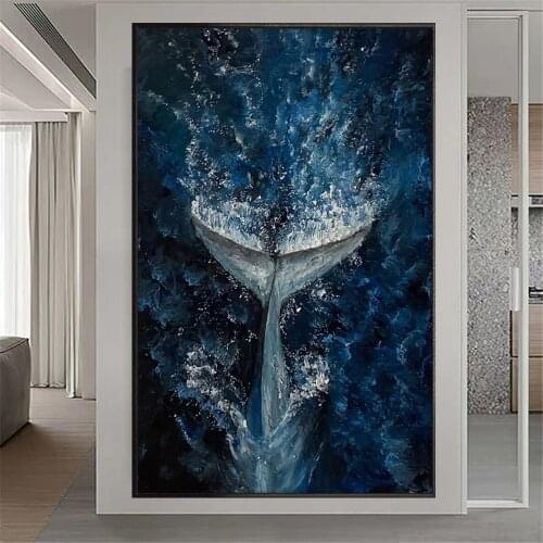 Modern hotel office space painting hand-painted oil painting abstract sea shark whale tail dark blue canvas painting porch mural