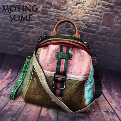 Vintage Genuine Leather Backpack Women Real Leather Retro Style Patchwork Travel Shoulder Bags School Ladies Mochilas 2021 New