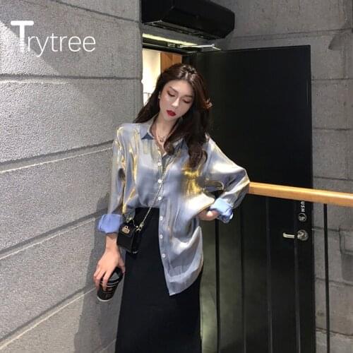Trytree 2020 Spring Autumn Women Blouse Casual Turn-down Collar Single Breasted Vintage Solid 2 Color Fashion Loose Blouse Tops