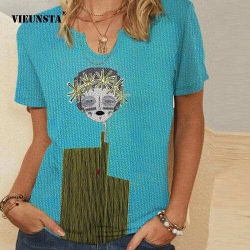VIEUNSTA Cartoon Printed T-shirt Women New Summer 2021 Fashion Casual V-neck Short Sleeve Top Lady Loose Streetwear Pullover Top