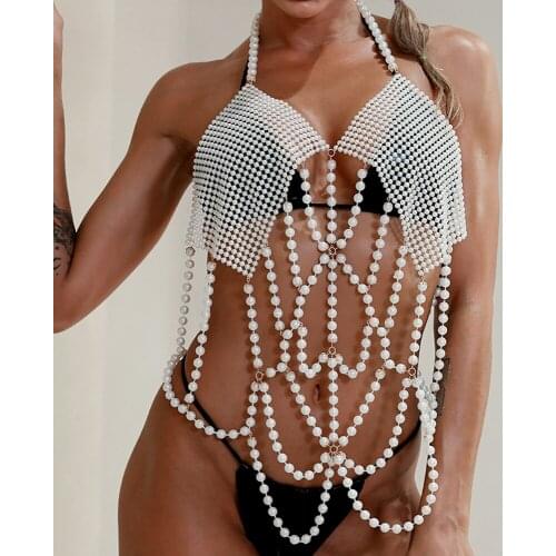 Fashion Handmade Pearl Bra Chain Women Punk Sexy Top Jewelry Chest Chain Gothic Girl Stage Show Body Chain Accessories