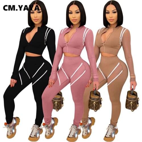CM.YAYA New Autumn Womens Set Zipper Crop Top Matching Full Pants Suits Milk Silk Two Piece Women Set Jogging Tracksuit Outfit