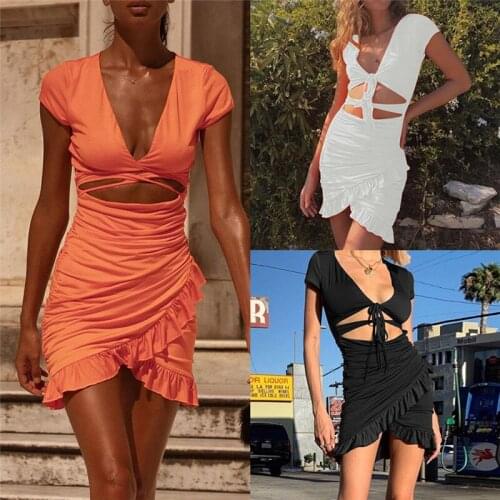 AA Women Deep V-neck Hollow Out Dress Ruffle Lace-up Short Sleeve Wrap Bodycon Short Mini Dress Summer Bandage Clubwear Dress