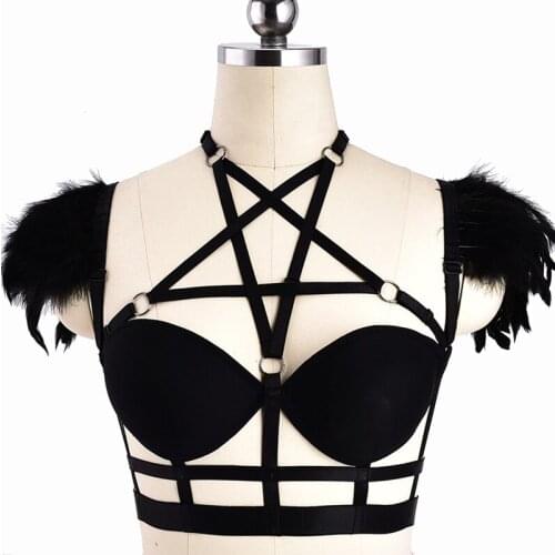 Bondage Sexy Lingerie Rave Feather Bra Woman Pentagram Harness Adjust Body Cage Hollow Body Harness Belt Goth Black Cage Bra