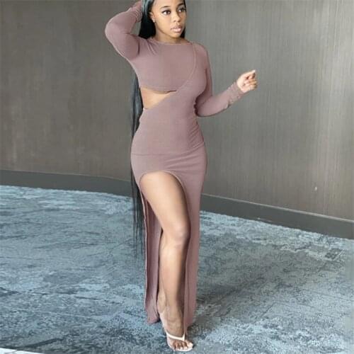 Fashion Spring Long Sleeve Women Bodycon Dress Sexy Skinny 2021 Hollow Out Dresses Solid Brown Basic Slim Female Cloth Mujer