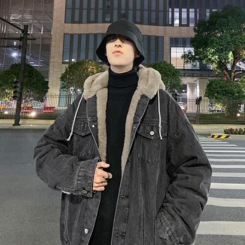 Winter Mens Casual Fleece Lining Denim Coat Hooded Loose Warm Parkas Outwear M24