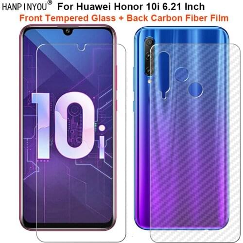For Huawei Honor 10i 6.21" 1 Set = Soft Back Carbon Fiber Film +Ultra Thin Clear Tempered Glass Front Screen Protector
