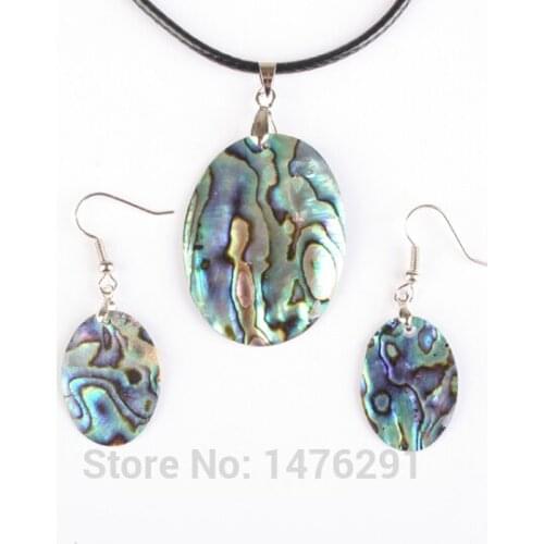 New Natural Abalone Shell Oval Blue Thin Beads Pendant Necklac & Earring 1 Set