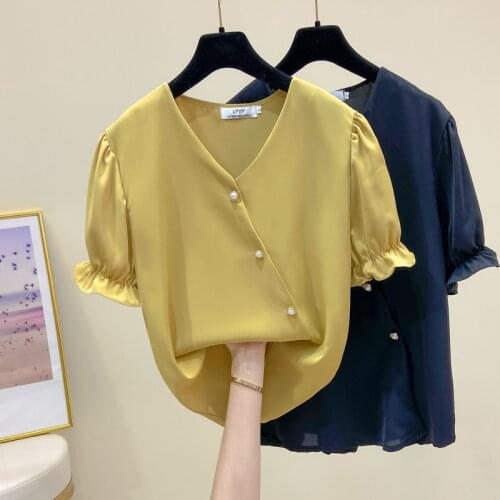 Black Yellow Chiffon Short Sleeved Plus Size Oversized Korean Fashion Summer WomenS Clothing Vintage Shirts Blouses Top 2021