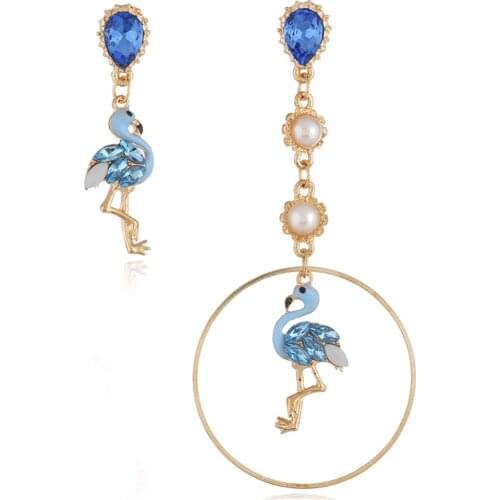 CRLEY Cute Animal Flamingo Drop Earrings for Women Different Teardrop Blue Rhinestone Pearl Round Circle Dangle Earrings