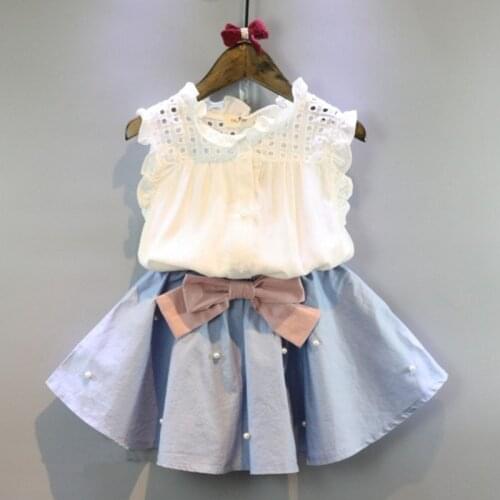Kids Clothes Girls 2021 New Ruffle Neck Shirt Blouse Tops+Bowknot Peal Skirt Outfits Clothes Set 2PCS Wholesale Clothing