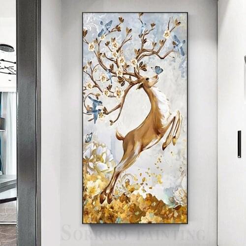 Fortune Deer Vertical Corridor Canvas Oil Painting Modern Wall Art Posters And Prints Pictures For Living Room Home Porch Decor