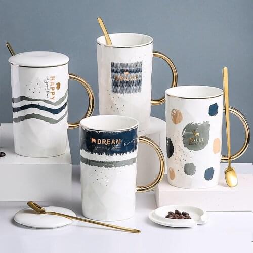 Ceramic Cup creative personality trend mug with lid spoon simple couple drinking cups for men and womens coffee cups