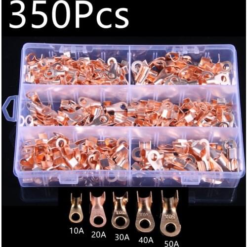 350PCS Wire Cable Connectors Open Lugs OT Terminals Copper Tube Lug Ring Seal 10A-50A Assortment Kit