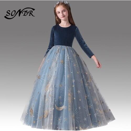 Patchwork Flower Girl Dresses HT084 Long Sleeve O-Neck Pageant Ball Gowns Shiny Sequin Formal Dress Primera Comunion Decoracion