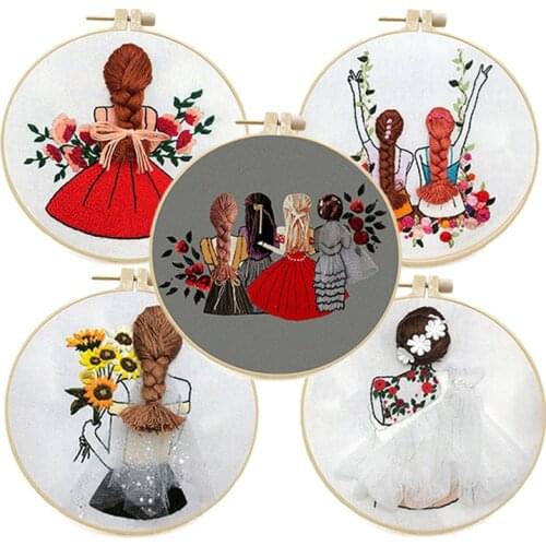 Cute Girl DIY Mesh Embroidery Kit with Hoop Cross-stitch Embroidery Needle Fabric Set Sewing Art Needlework Handicraft Gift