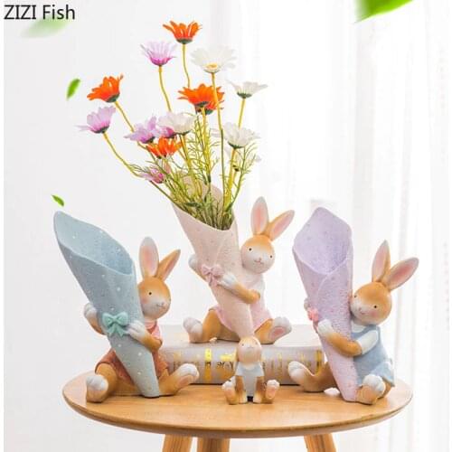 Cute Rabbit Vases Creativity Flower Arrangement Bunny Vase Office Desktop Decor Painted Figurines Cartoon Animal Resin Ornaments