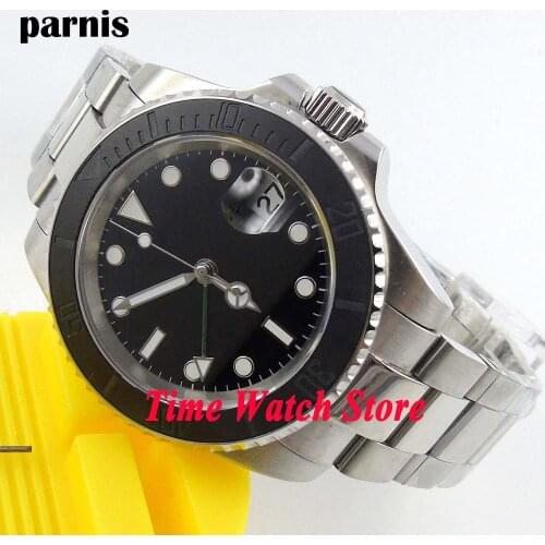 Parnis 40mm GMT Automatic mens watch sapphire glass black sterial dial luminous ceramic bezel waterproof center bright bracelet