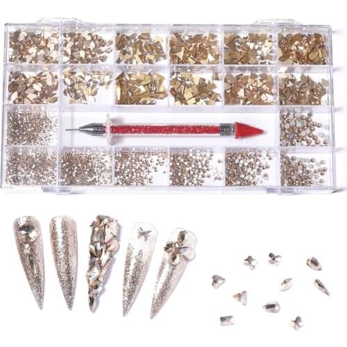21 Grids Glass Nail Art Decoration Kit Multi Shapes with Dual-ended Dotting Pen Set Nails Supplies Accessories Decor DIY Crafts