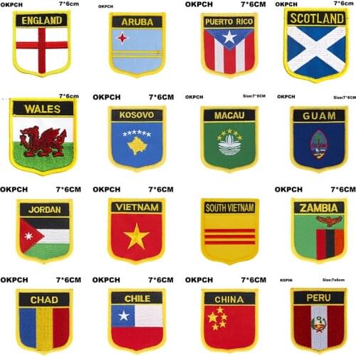 Shield Shape Flag Patches England ARUBA Puerto Rico SCOTLAND BLUE WALES KOSOVO Vietnam Zambia Chad China