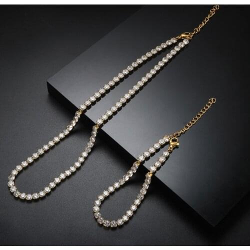 Luxury 316L Stainless Steel Cubic Zirconia Choker Necklace Fashion Rhinestone Bracelet For Women Wedding Jewelry Set Gift