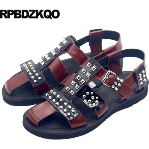 Brown Genuine Leather Flat Italian Size 45 2019 Casual Sandals Designer Shoes Men High Quality Large Metal Rivet Summer Stud