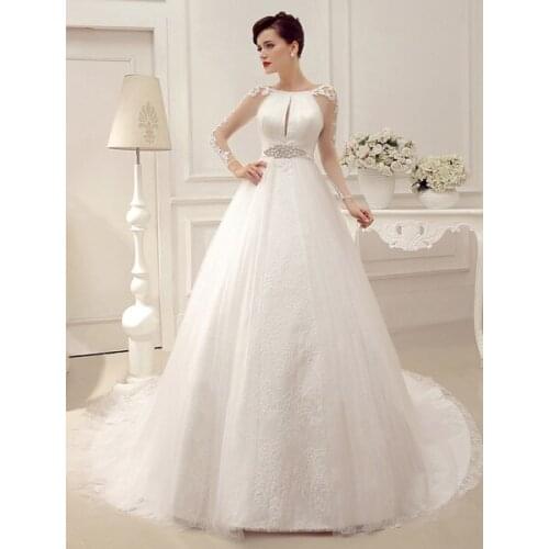 Wedding Dresses Ball Gown Bridal Dress Long Sleeve Lace Applique Beaded Rhinestones Sash Illusion Cutout Wedding Gown With Train