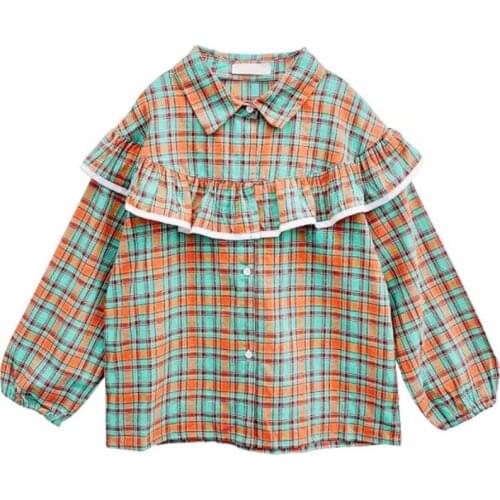Cultiseed Girls Vintage Color Plaid Ruffles Long Sleeve Shirts Tops Clothes Big Children Kids Students New Cute Casual Blouses