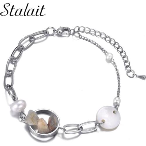 Vintage Silver Color Crushed Stone Bracelets White Pearl Cuban Link Bracelet Clear Button Bracelets For Women Luxury Jewelry