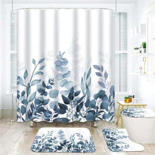 Blue Plant Shower Curtain Nature Waterproof Fabric Bathroom Curtains Landscape 3D Polyester Hanging Curtain Set with Hooks Decor