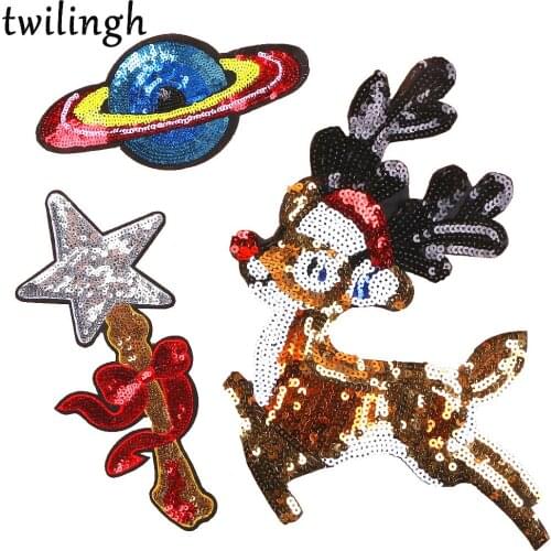 Twilingh Patches Sewing Iron-On Accessories Patchworks Cartoon Deer Embroidered Sequined Patches For Clothing