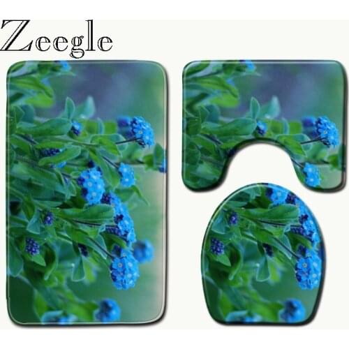 Zeegle 3pcs/set New Bathroom Set Carpet Water Absorbent Non-Slip Pedestal Rug Lid Floral Pattern Printed Toilet Cover Bath Mat