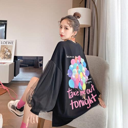 Women Hoody 2021 Autumn Sweet Cotton Lace Casual Cotton Full O-Neck Loos Pullovers Print Puff Sleeve Sweet Girls Tops Ladylike