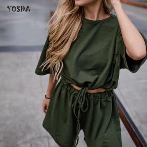 Womens Clothing Summer 2021 Solid Casual Tracksuit Short Sets For Women Bottom Drawstring Tshirts And Elastic Waist Short Suit